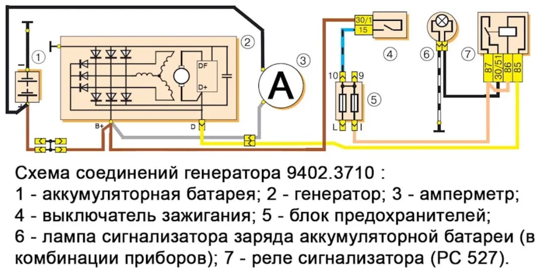Схема подключения генератора ВАЗ-2109 9402.3710