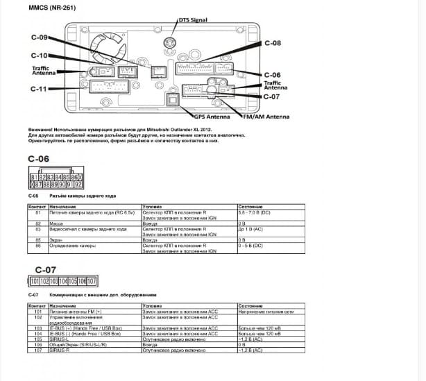 Распиновка проводов разъёма магнитолы Mitsubishi Outlander XL 1