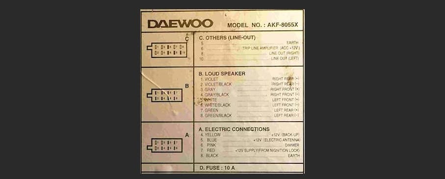Распиновка магнитолы Daewoo akf-8055-akl-1626-akf-8045